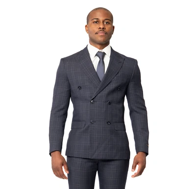 Blazer ajustado doble pecho a cuadros berenjena 2 botones pico solapa cena chaqueta Foto 1 de 4