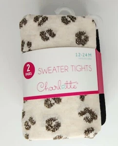 2 Pairs Charlotte Girl Sweater Tights Leopard Print & Solid Black, 12-24 months - Picture 1 of 3