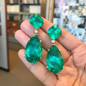 Celebrity 18k gold vermeil natural zambian emerald dangle drop luxury earrings - Picture 1 of 6
