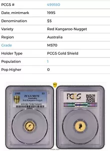 1995 $5 Australia 1/20 Oz Gold Bullion Nugget / Red Kangaroo Coin • MS70 POP 1 - Picture 1 of 3