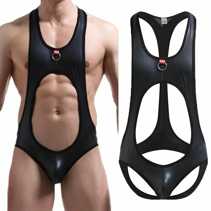 Men Man Jumpsuit PU Leather open butt Wrestling Singlet Mankini Bodysuit Costume - Image 1 of 4
