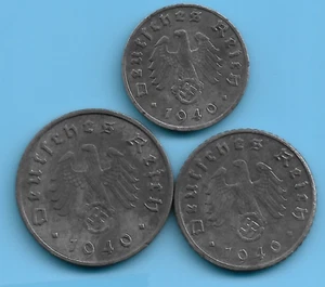 Germany Third Reich 1940 A 1,5,10 Rpf Swastika Eagle Coin Set Lot WW2 ERA #30 - Picture 1 of 2