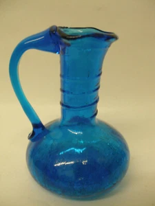 MCM BLENKO BLOWN ART GLASS PITCHER JUG - RIGAREE SPIRAL NECK - CRACKLE TURQUOISE - Picture 1 of 5