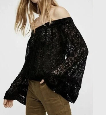 Free People Black Velvet Off Shoulder Burnout Boho Top / Size XS / NWT - Image 1 of 4