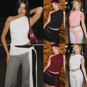 Womens Vest Tops Summer One Off Shoulder Blouse Tank Cami Tee Shirts Cut Out Tie - Picture 1 of 21