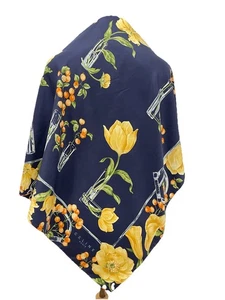 CELINE Paris Silk Scarf Floral Print Yellow Flowers Navy Blue Designer #A76 - Picture 1 of 6