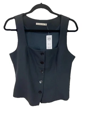 NWT Abercrombie Fitch Women’s Vest Black  Medium Academia Preppy Square Neck - Image 1 of 4