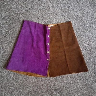 F.I. Huntington Cali 9 VTG 1960s/70s Patchwork Suede Mini Skirt Button Up Detail - Image 1 of 4