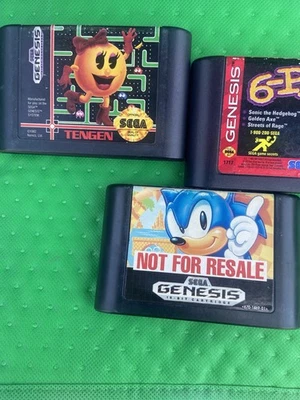 Vintage Sega Genesis Games Ms. Pac-Man + Sonic The Hedgehog ~ Original *WORKING* - Image 1 of 4