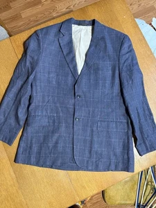 Tasso Elba Unconstructed Blazer Men 42 44 L Blue Linen Windowpane Sport Coat - Picture 1 of 9