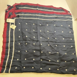 J Crew Large Scarf Navy  Stripes Polka Dots Tassels Modal Wool Blend OLD STOCK - Picture 1 of 4