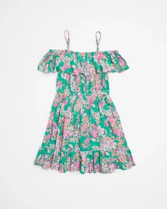 Target Youth Teen Girl 14 Cold Shoulder Linen Blend Dress Floral Teal Pink Frill - Picture 1 of 12
