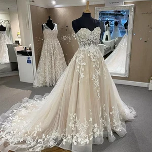 Boho Wedding Dresses Off Shoulder Lace Appliques A Line Sweep Train Bridal Gowns - Picture 1 of 7