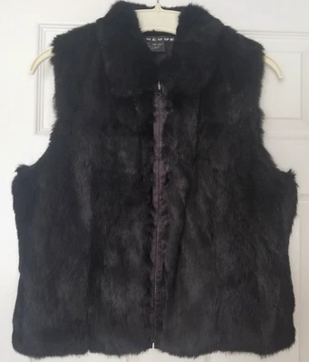 REVUE Rabbit Fur Full Zip Collared Reversible Black Leather Vest Size S - Image 1 of 4