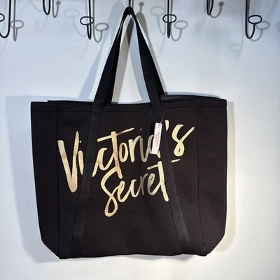 Victoria’s Secret Beach Tote Cooler Bag Insulated Wine Pouches Black Gold New - Image 1 of 4