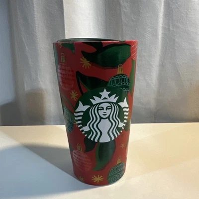 Starbucks Ceramic Travel Mug With Lid Christmas Themed Red Green 2019 12 Oz - Image 1 of 4