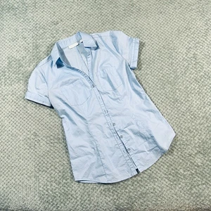 Vintage Y2K hellblau Babydoll kokette Knopfleiste Flügelärmel Büro Sirene Bluse - Bild 1 von 4