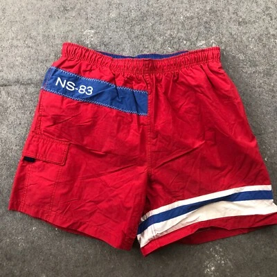 Antigo Baús de Natação Náutica Masculino Grande Vermelho Azul Bolsos NS-83 Praia Surf 6" Costura Interna - Imagem 1 de 4