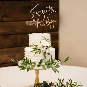 Custom Wooden Wedding Cake Topper Personalised Couple Name Date Anniversary Deco - Picture 1 of 5