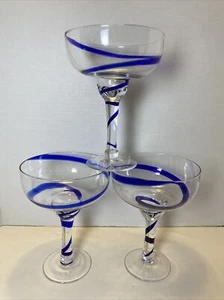 (3) Pier 1 Swirline Cobalt Blue Swirl Magarita Glasses Large Bowl - Picture 1 of 9