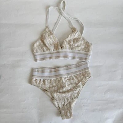 Dior Gold & White 2-Piece Oblique Print Bikini - Image 1 of 4