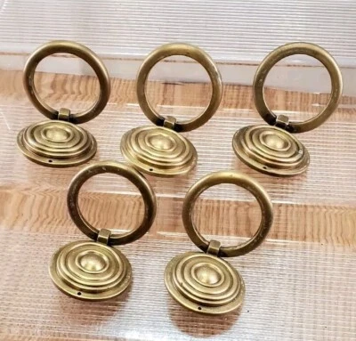 Lot Of 5 Antique Brass Round Drop Bail Drawer Pulls Handles 1¾" - Image 1 of 4