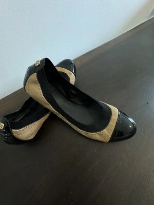 Tory Burch Bridgette Trigo Miel Cuero Negro Acolchado Puntera Ballet Pisos 8.5 M Foto 1 de 4