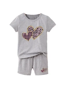 New Girls 6 Gray Pink Plaid Silky Soft Double Hearts T-Shirt Shorts - Picture 1 of 2