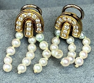 18K Yellow Gold Diamond Pearl Dangle Fringe Vintage Earrings Clip-On - Picture 1 of 12