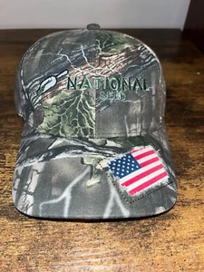 New National Seed Embroidered Camo Hat Curved w/American Flag on bill - Picture 1 of 3