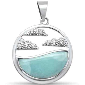 Natural Larimar Clouds & Ocean Scenery .925 Sterling Silver Pendant - Picture 1 of 2