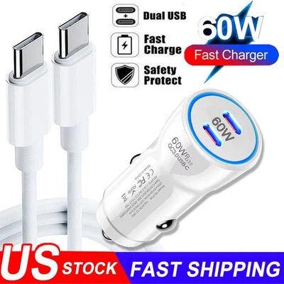 60W Double UCB-C Fast Charging Car Charger & Cable For iPhone 17 16 15 Pro Max - Image 1 of 4