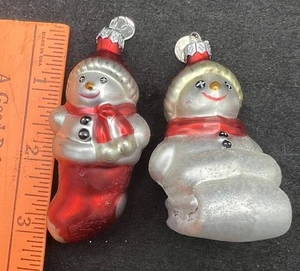 2 Dept 56 Blown Glass Christmas Ornaments Snowmen Sled Stockin Red White Glitter - Picture 1 of 11