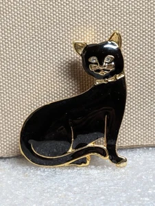 VINTAGE EMAILLE ÜBER GOLDFARBENE SCHWARZE KATZE BROSCHE ANSTECKNADEL  - Bild 1 von 8