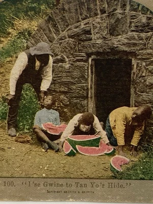 Griffith & Griffith Stereoview meninos afro-americanos comendo melancia c1899 - Imagem 1 de 4