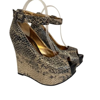 Sandalias de cuña Luichiny para mujer 8M marrón piel de serpiente punta abierta correa para el tobillo Foto 1 de 4