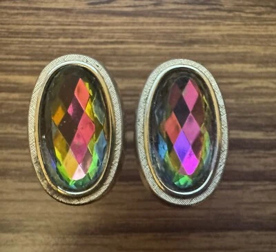 Swank De Colección Gemelos de Cristal de Sandía Juego de Pin de Corbata Ovalado Multicolor Prisma Años 70 Foto 1 de 4