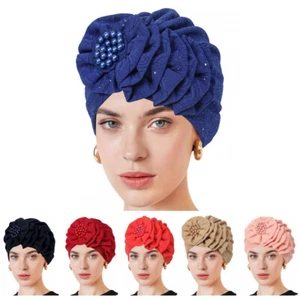 Women Floral Beads Beanie Stretch Hat Turban Ladies Hairband Head Wrap Cap - Picture 1 of 14