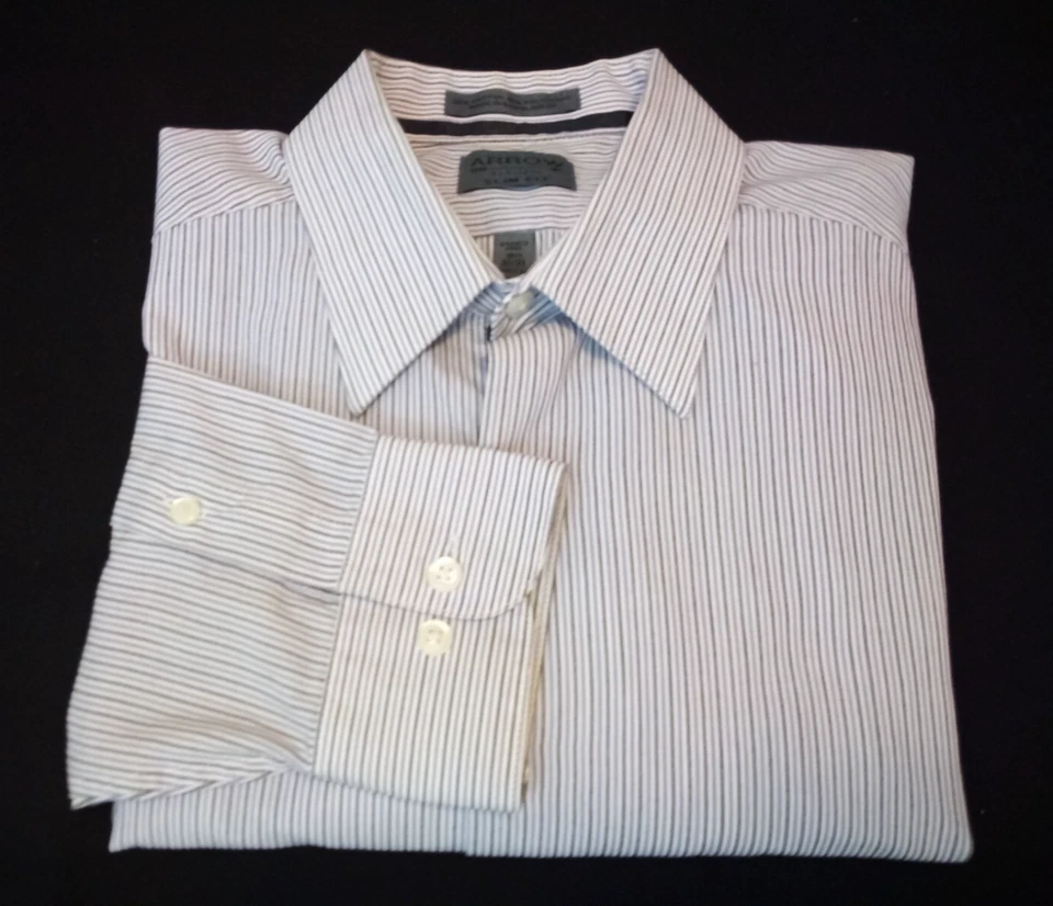 Camisa de vestir Arrow USA 1851 para hombre M 15,5 32/33 ajustada verde púrpura a rayas Foto 1 de 4