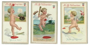 Vintage Valentines Postcards (3) Baby Cupids Playing Baseball - Picture 1 of 2
