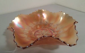Vintage DUGAN "Cosmos Variant" Marigold Carnival Glass 10" Ruffled Bowl Flower - Picture 1 of 7