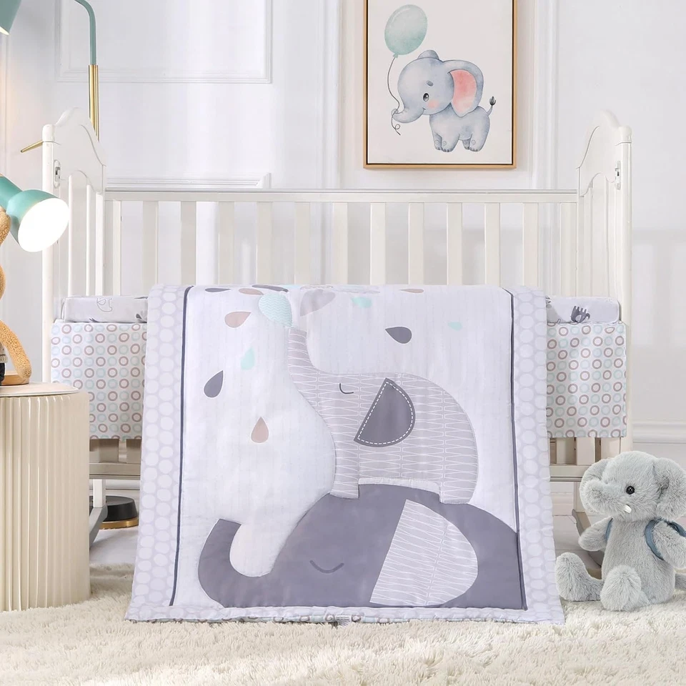 Juego de cama de cuna de elefante para niños, juego de cama de bebé premium de 3 piezas, elefante, Foto 1 de 4