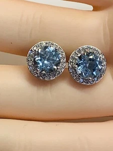 9CT WHITE GOLD AQUAMARINE/ BLUE ZIRCON ? DIAMONDS CLUSTER STUD EARRINGS - Picture 1 of 12