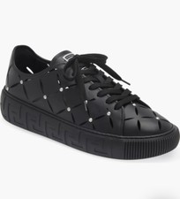 $1050 Versace La Greca Cutout Stud Low Top Sneakers Black/Palladium 10US/43EU