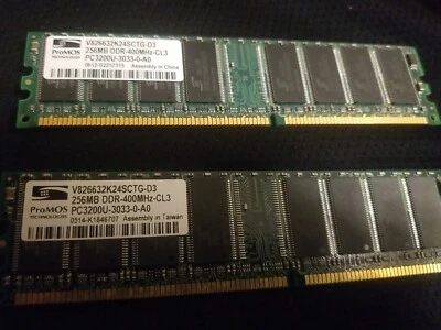 ProMos Memory Module PC3200U DDR 400 V826632K24SCTG-D3 512MB = 2 x 256MB Sticks  - Image 1 of 2
