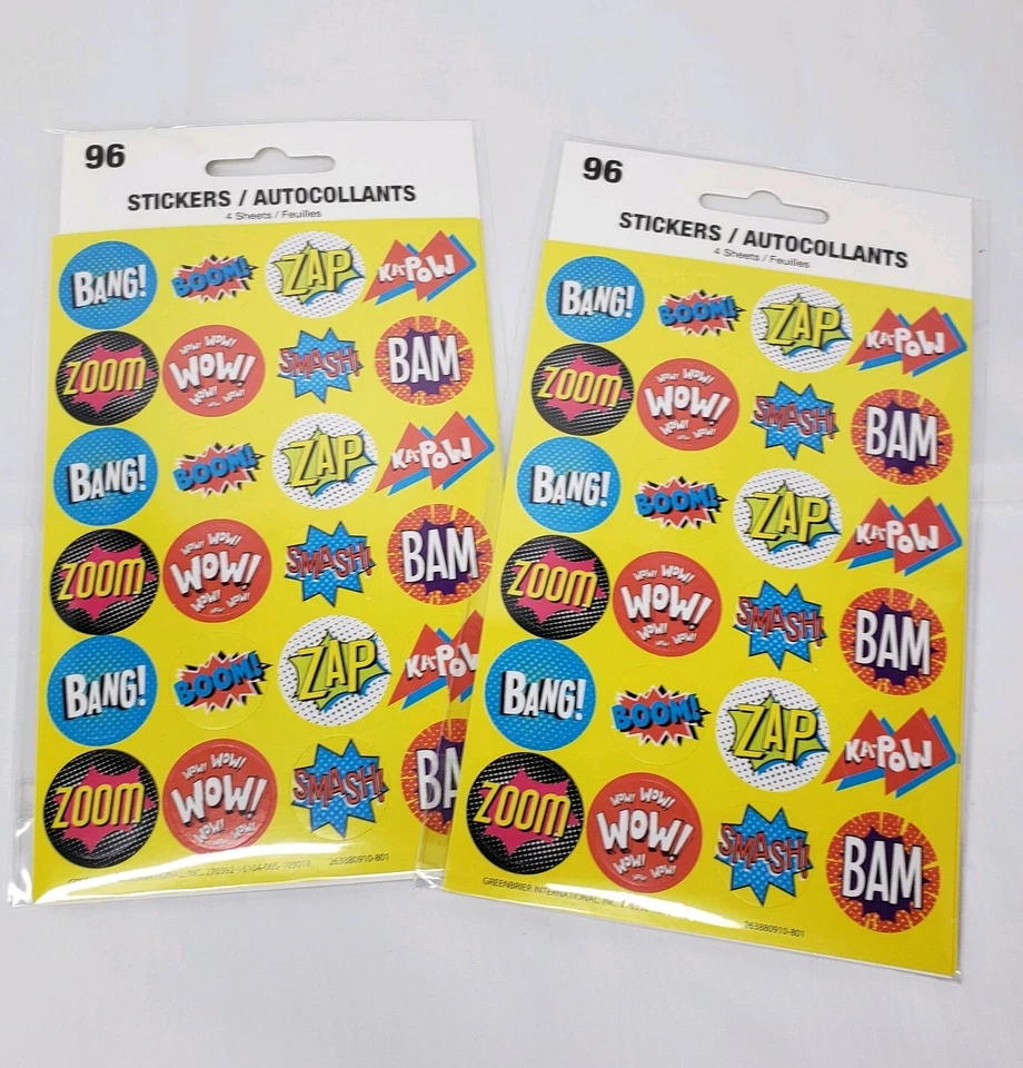 96 Comic Strip Super Hero Stickers (4 Sheets) Party Favors Teacher Supply Kapow