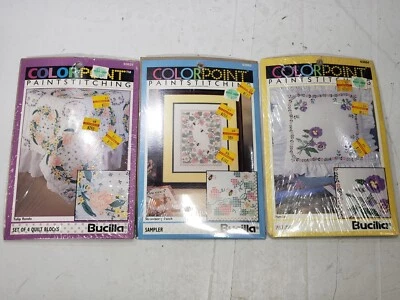 Bucilla Colorpoint Paint Stitching Kits Lot Of 3 Pansies Strawberry Sampler Vtg - Image 1 of 4