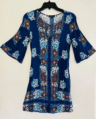 Mini Vestido Ella Moss Floral Cuello Atado Manga Campana, Azul, XS Foto 1 de 4