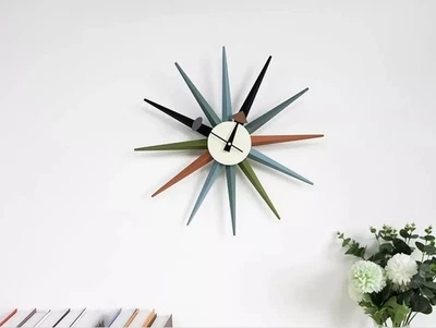 Reloj de Pared Moderno Mediados de Siglo Sunburst Silencioso Madera 18 pulgadas Salón Estilo Nelson Foto 1 de 4