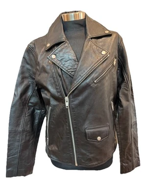 Chaqueta de motociclista de cuero genuino negra de oveja ZARA para hombre talla pequeña Foto 1 de 4